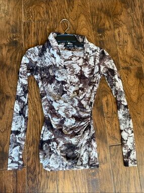 Karen Kane Brown and Cream Floral Draped Long-Sleeve Top, size XS